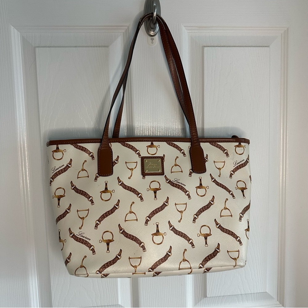 Lauren Ralph Lauren Cream and Brown Tote with Playful Pattern